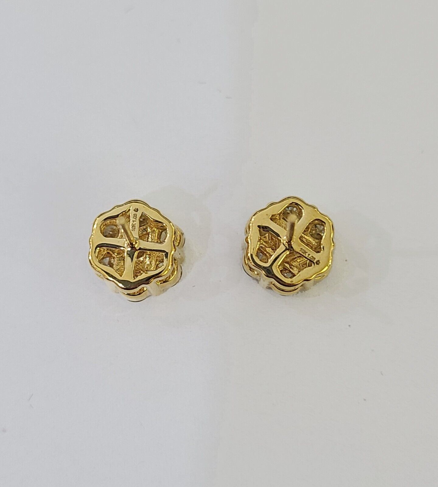 10k Yellow gold Flower Earrings Real Diamond screw - back Women Men studs - GoldenlinQ